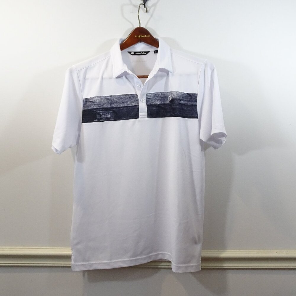 Travis Mathew Polo Shirt Mens M White Blue Athletic Athleisure Golf